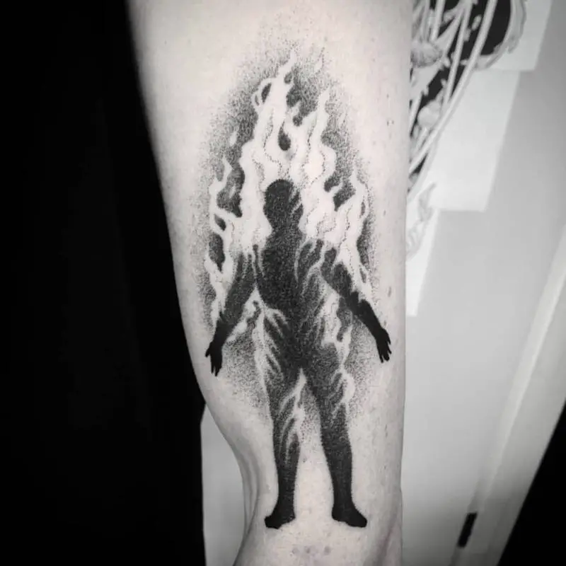 Grey Ink Fire and Flame Tattoo On Half Sleeve