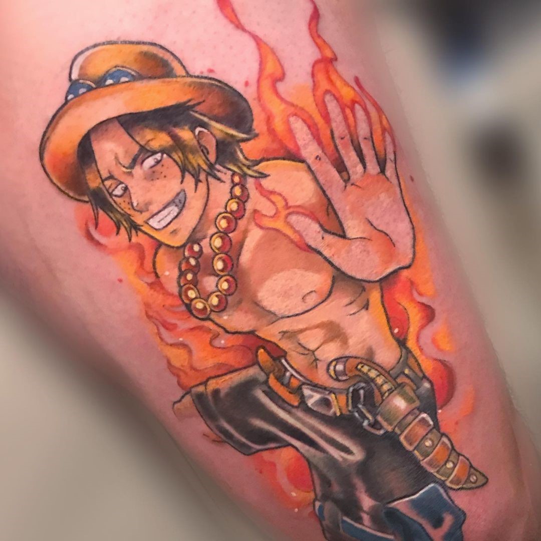 Orange Colored Ace From One Piece Tattoo 