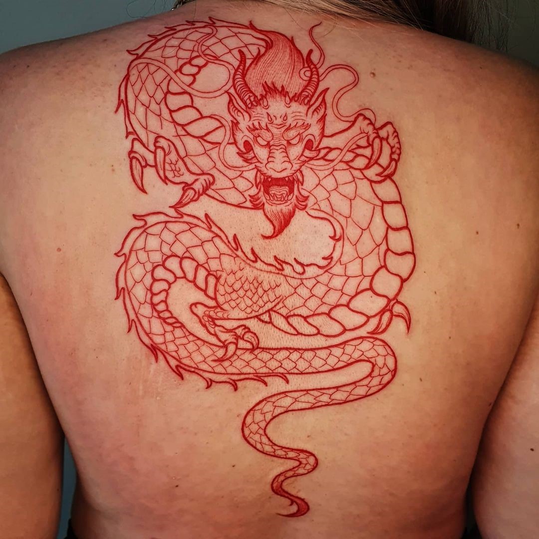 Red Dragon On The Back Tattoo Design