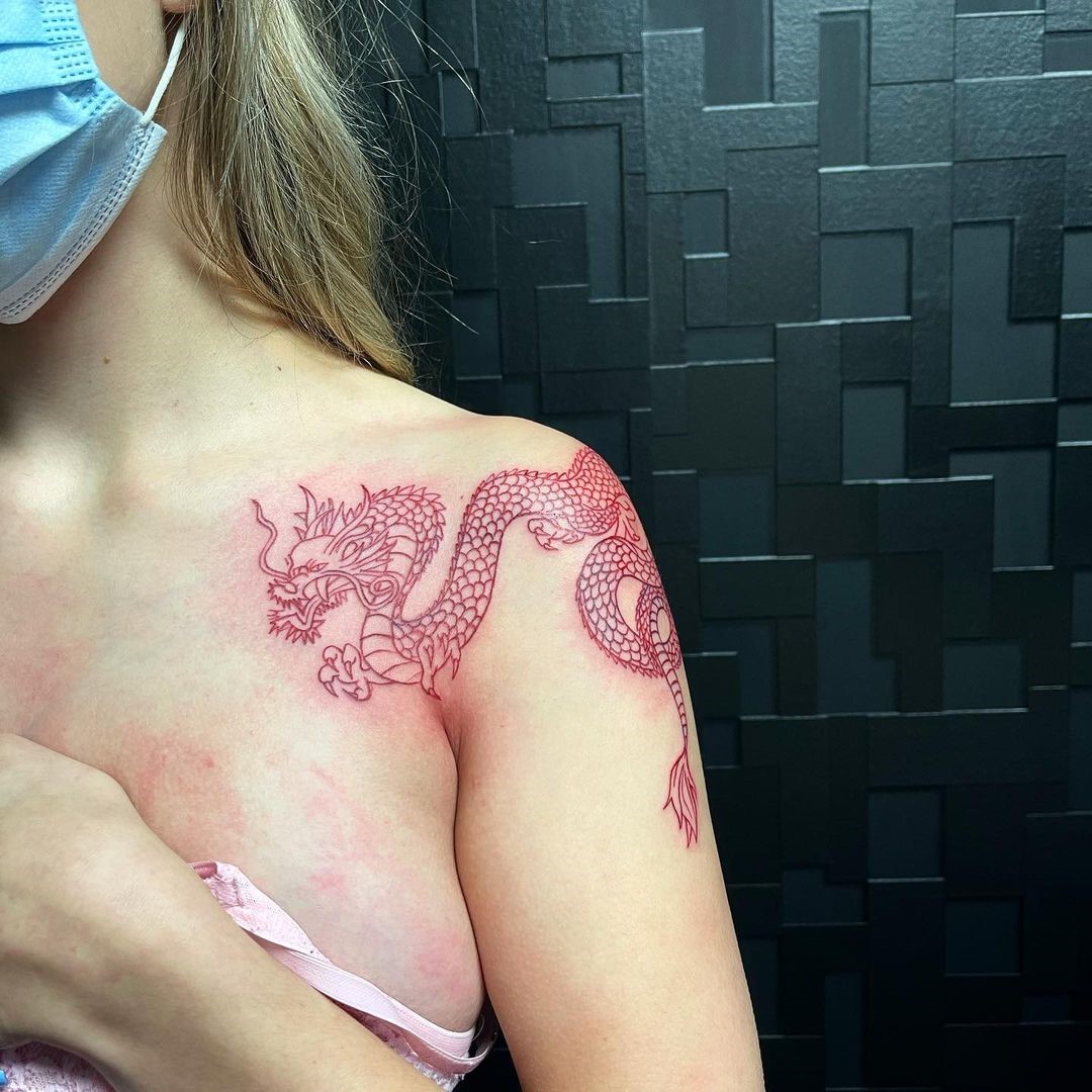 Дизайн Татуировки Красного Дракона На Плече