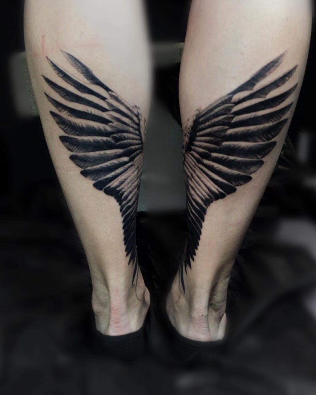 Black Leg Tattoos Wing Design