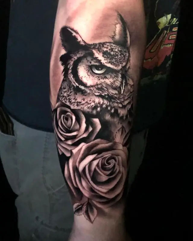 Owl and Roses Tattoo 1