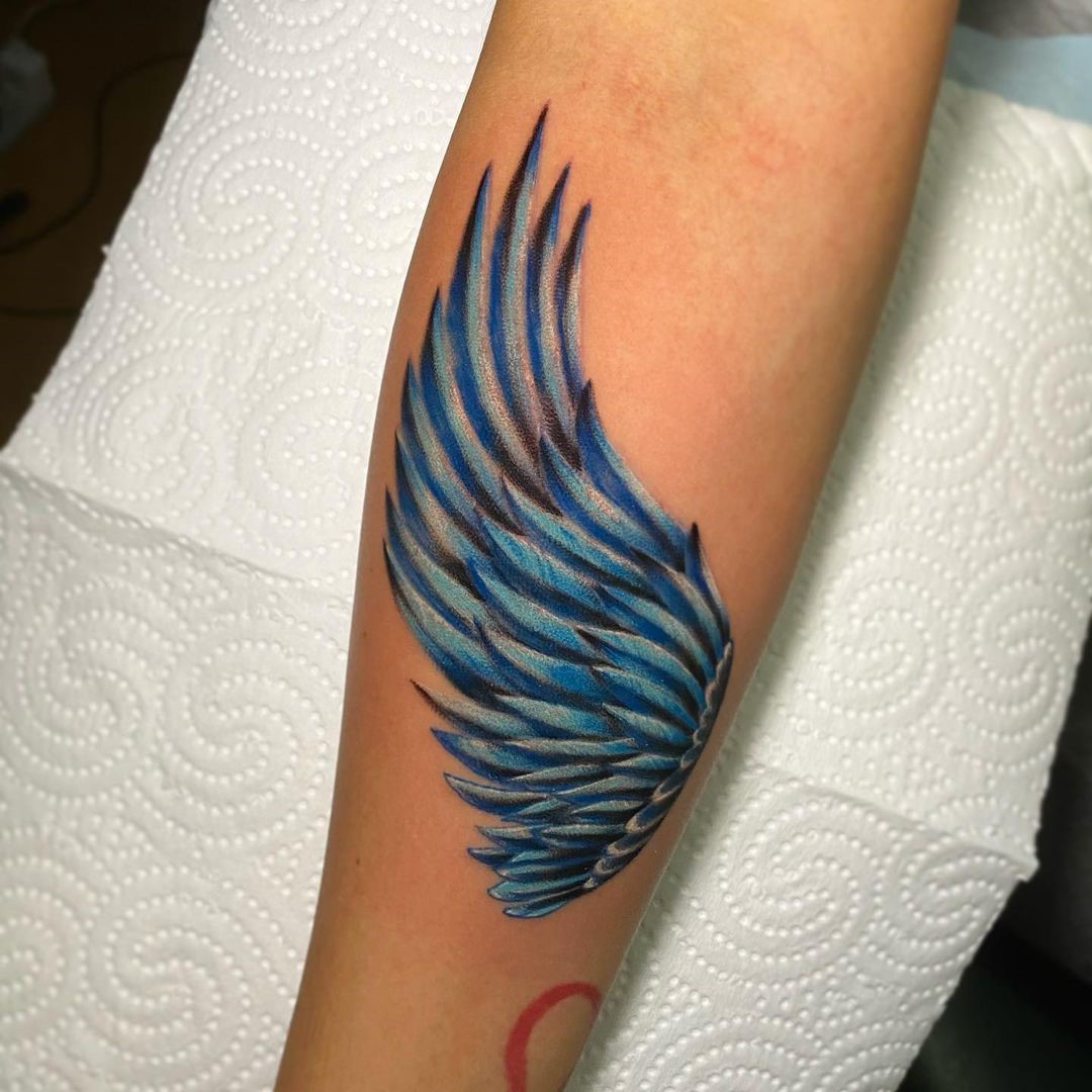 Realistic Blue Wing Tattoo