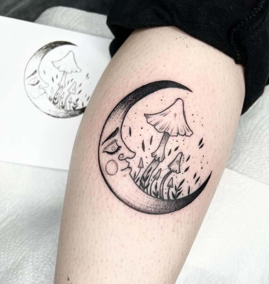 Crescent Moon and Mushrooms Tattoo